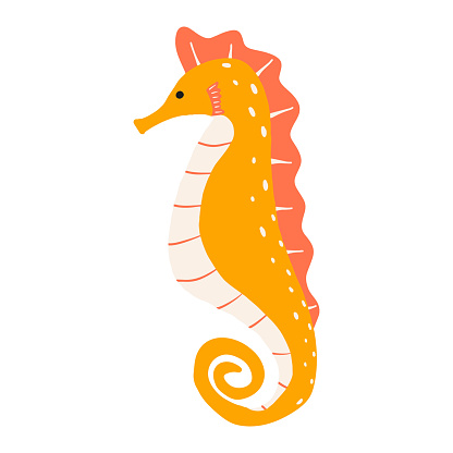 Childrens illustration of seahorse isolated on white background. Hand-drawn bright seahorse in cartoon style. Vector illustration