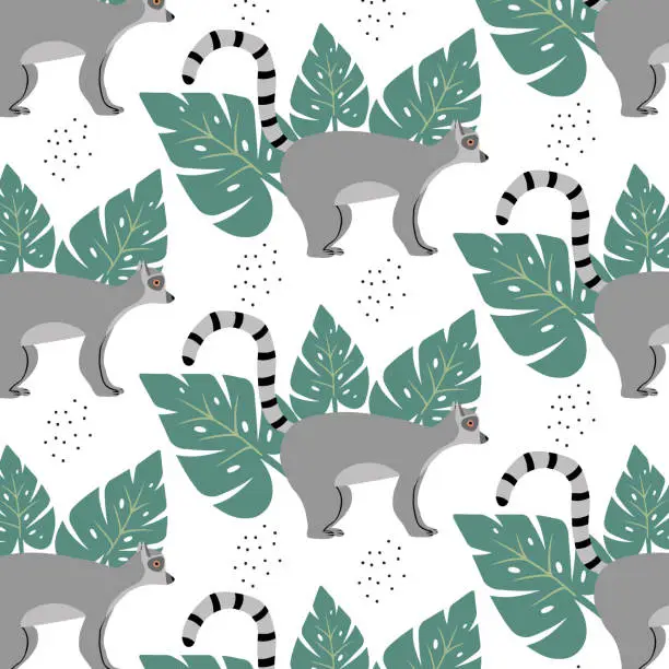 Vector illustration of Childish seamless pattern with lemur and monstera leaves. Hand-drawn pattern with lemur in cartoon style.