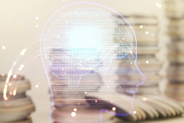 istock Double exposure of creative human head microcircuit hologram on growing coins stacks background. Future technology and AI concept 1491874131