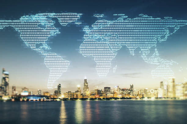 istock Multi exposure of abstract creative digital world map hologram on Chicago skyscrapers background, research and analytics concept 1491874857