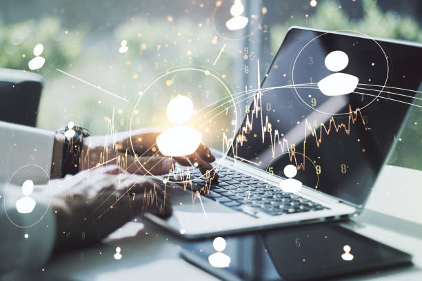 istock Social network media concept with hands typing on computer keyboard on background. Double exposure 1491874918