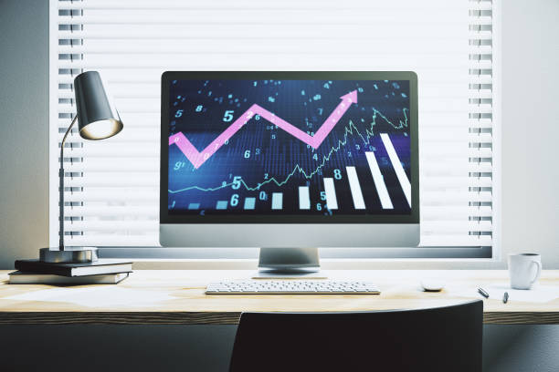 istock Abstract creative financial graph with upward arrow on modern laptop screen, forex and investment concept. 3D Rendering 1491875139