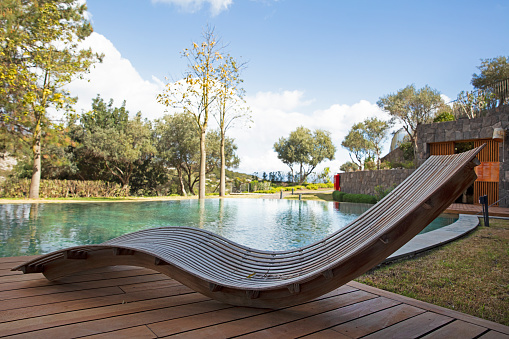 modern swimming pool among trees of luxury hotel