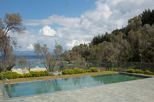 modern swimming pool among trees of luxury hotel