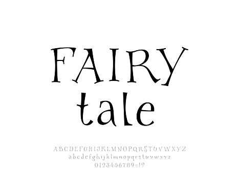 Fairy taly alphabet, fantasy font made wonderland style, magical Latin letters and Arab numerals, vector illustration 10EPS