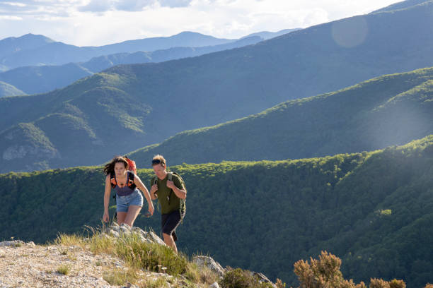 istock Young couple hike to mountain summit 1491883031