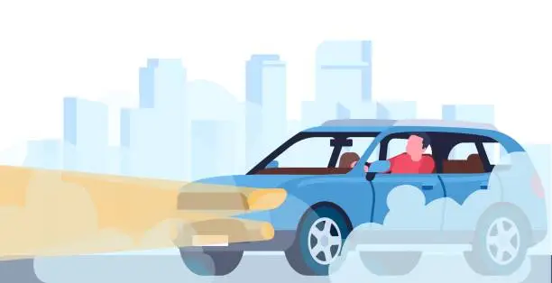Vector illustration of Car slowly drives down road in heavy fog with headlights on. Sedan automobile with bright lights urban landscape. Auto with glowing xenon lamps cartoon flat style isolated vector concept