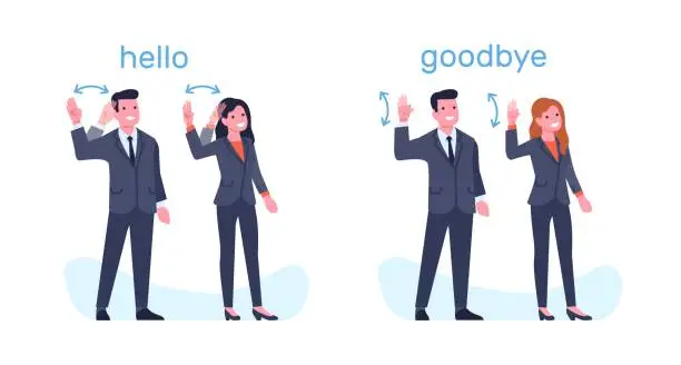 Vector illustration of Sign language of deaf people, man and woman showing greeting and farewell phrases. Hand gestures hello and goodbye, business people greet. Cartoon flat style isolated vector concept