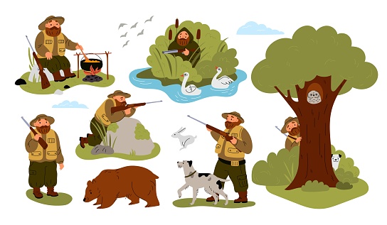 Hunter and dog character. Different hunting types. Funny man in hiking clothes with gun and puppy in nature. Stalking prey. Wild forest animals. Male hiding and cooking on bonfire. Garish vector set
