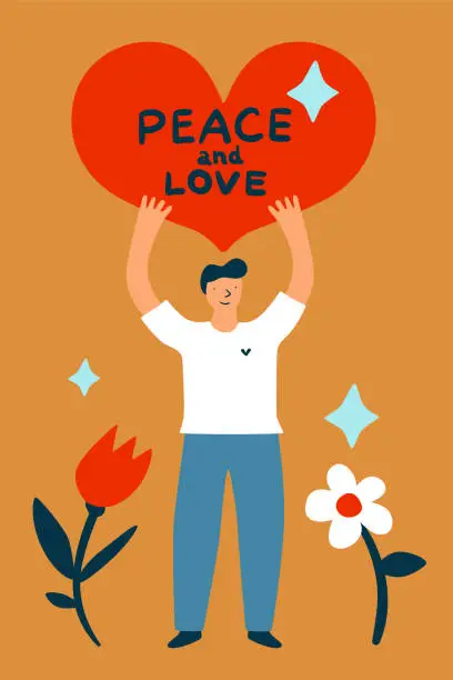 Vector illustration of Peace card. Man holding heart. Love and peacekeeping. Cute smiling young guy. Pacifism and humanism poster design. Blooming flowers. International holiday. Vector cartoon illustration