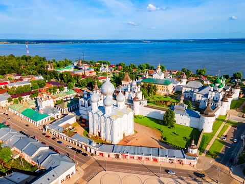 Assumption Cathedral or Uspensky Sobor inside Rostov Kremlin aerial panoramic view in Rostov Veliky, Russia