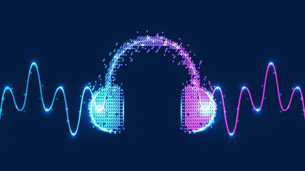 Vector illustration of Headphone icon with wave cord