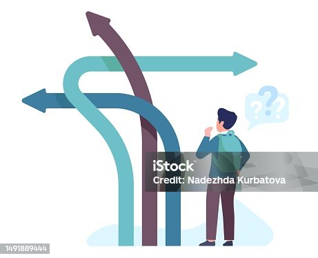 istock Little boy stands at crossroads and thinks which direction to take. Alternative ways, child making decision, kid finding right direction, cartoon flat style isolated vector concept 1491889444