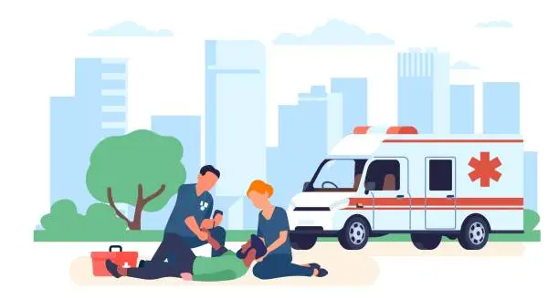 Vector illustration of Ambulance doctors perform resuscitation on person lying there. Paramedic work. Hospital automobile on city landscape. Health care and medicine. Cartoon flat style isolated vector concept