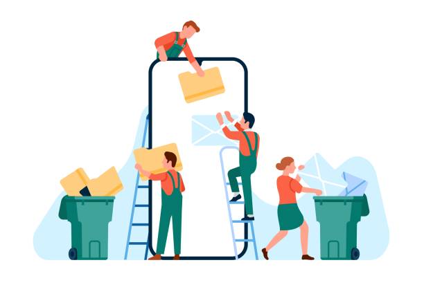 ilustrações de stock, clip art, desenhos animados e ícones de cleaning up digital memory, email and messages delete, people move unwanted files and information to trash. huge smartphone and tiny men and women, cartoon flat isolated vector concept - clean e mail cleaning clipping path