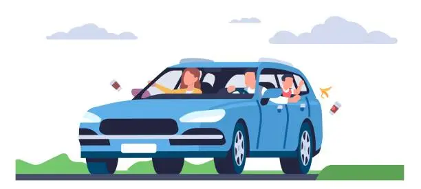 Vector illustration of Driver and passengers are throwing garbage out car window. Bad behavior, environmental pollution, garbage on road in city, people littering. Cartoon flat style isolated vector concept