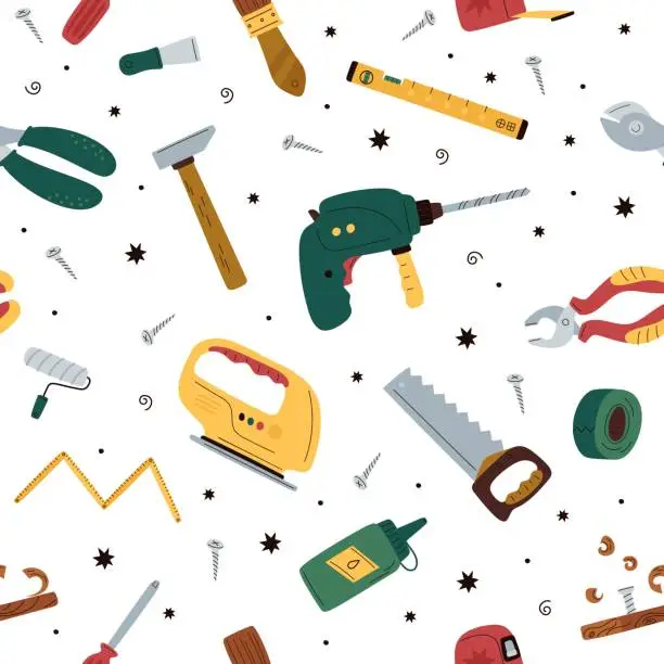 Vector illustration of Pattern with tools. Seamless background with saw drill and hammer. Cartoon flat style isolated on white elements. Decor textile, wrapping paper, wallpaper design. Vector concept