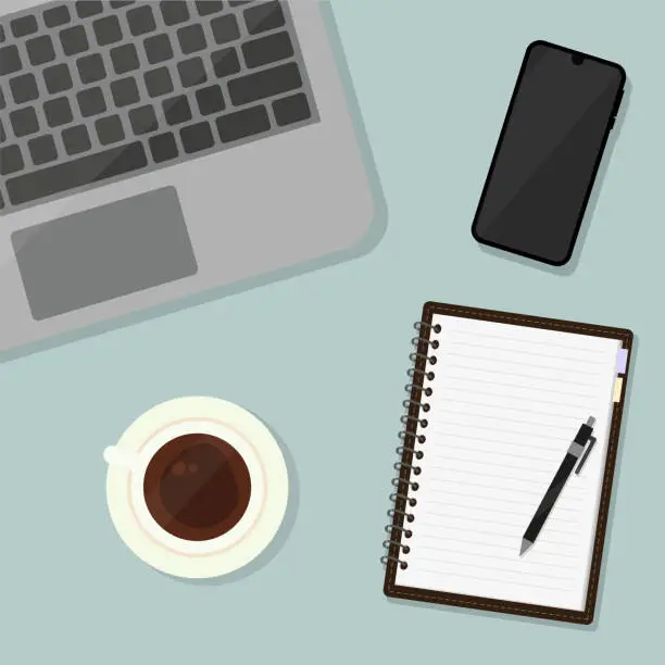 Vector illustration of Workspace with coffee cup, laptop, pen, notebook and phone.