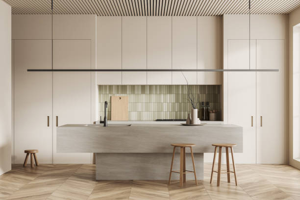 istock Cozy kitchen interior with bar countertop and cooking area, kitchenware 1491892961
