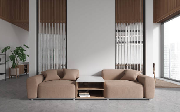 istock Light relax room interior with armchairs and mockup wall, panoramic window 1491892983