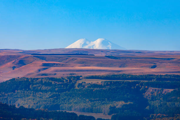Elbrus view from Kislovodsk National Park. Mount Elbrus is the highest and most prominent mountain peak in Russia and Europe.