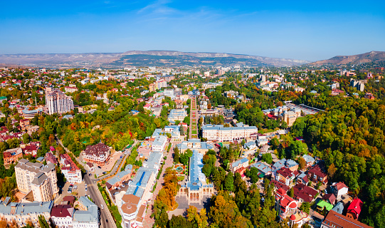 Kislovodsk Kurortny Boulevard aerial panoramic view. Kislovodsk is a spa city in Caucasian Mineral Waters region, Stavropol Krai, Russia.