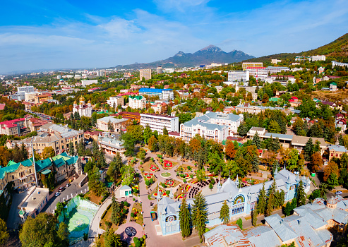 Pyatigorsk city centre aerial panoramic view. Pyatigorsk is a spa city in Caucasian Mineral Waters region, Stavropol Krai in Russia