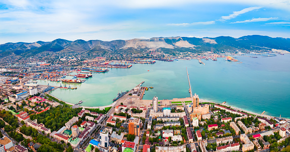 Novorossiysk city centre aerial panoramic view. Novorossiysk is the main port on the Black Sea in Krasnodar Krai, Russia.