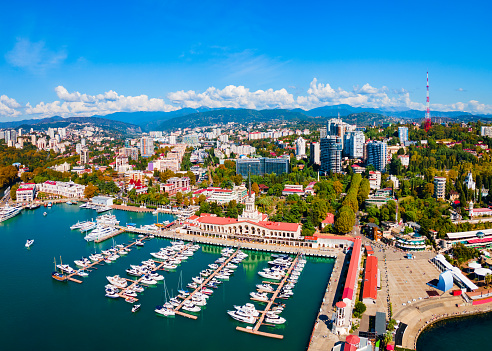 Sochi port or marine passenger terminal aerial panoramic view in Sochi. Sochi is the resort city along the Black Sea in Russia.