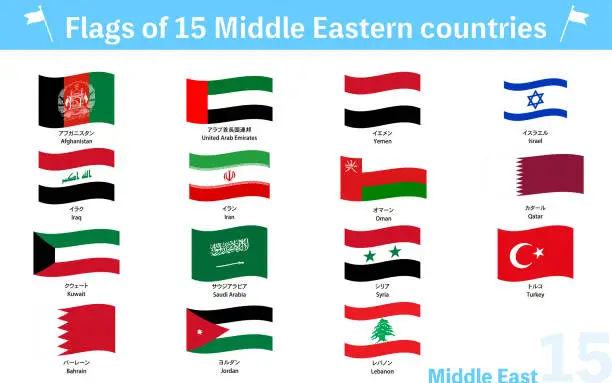 Vector illustration of Fluttering World Flag Icons, Middle East 15 Countries Set