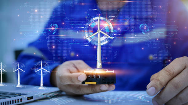 istock A holographic graphic screen that displays the electrical power generated by wind turbines and analyzes the data through artificial intelligence AI. Clean energy technology and renewable energy. 1491894402