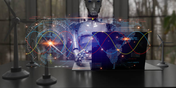istock Holographic dashboard showing information on energy savings by using wind turbines. Analysis using artificial intelligence AI to help analyze data. Humanoid robot and laptop computer by 3D rendering 1491894415