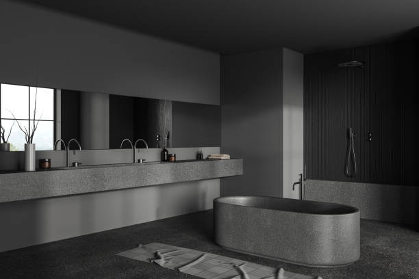 istock Grey bathroom interior with double sink, douche and tub and panoramic window 1491894452