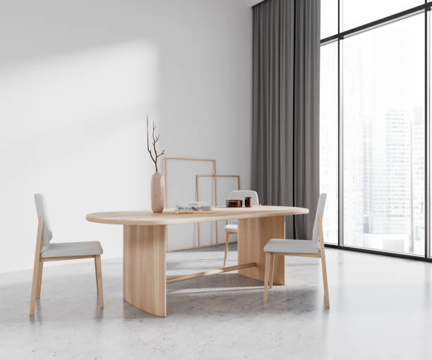 istock Modern living room interior with eating table and chairs, window. Mockup wall 1491894535