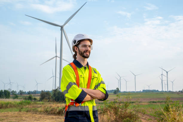 istock Engineer inspection and survey work in wind turbine farms. 1491894875