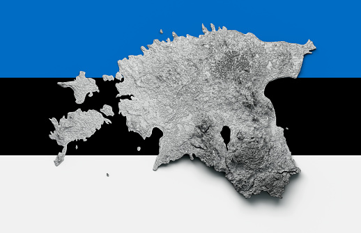 Estonia Map Shaded relief Color Height map on Flag Background 3d illustration