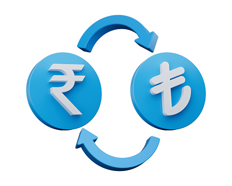 Indian Rupee And Lira Symbol on Rounded Blue Icons With Money Exchange Arrows, 3d illustration