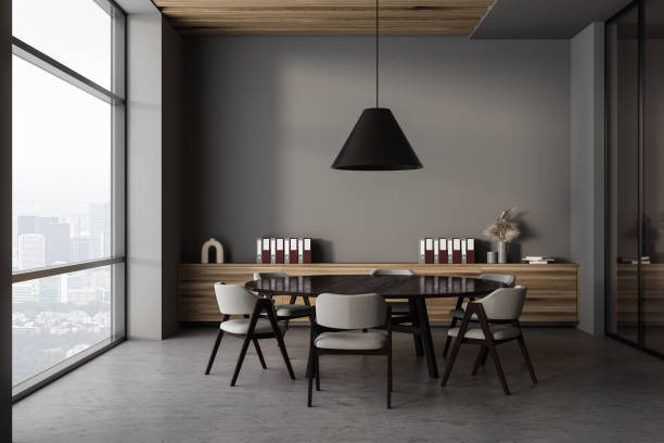 istock Gray office meeting room interior with cabinet 1491895068