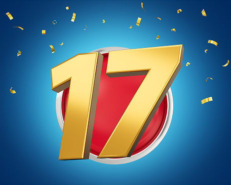 Gold Number 17 Gold Number Seventeen On Rounded Red Icon with Particles, 3d illustration