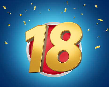 Gold Number 18 Gold Number Eighteen On Rounded Red Icon with Particles, 3d illustration