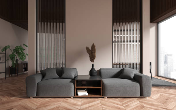 istock Beige chill room interior with armchairs and coffee table, panoramic window 1491895775