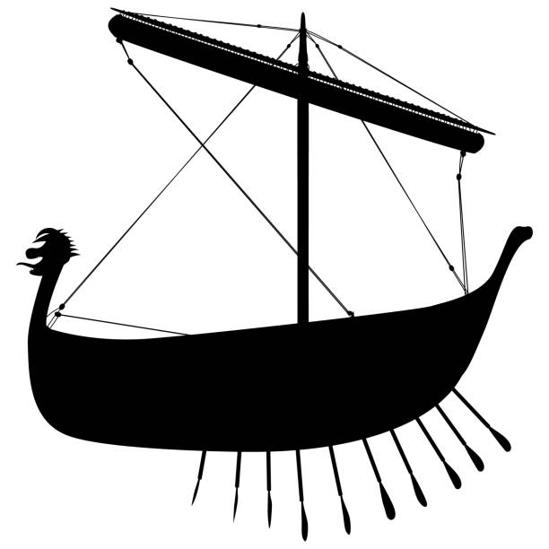 istock Viking scandinavian drakkar silhouette. Norman rowing ship sailing. 1491896940