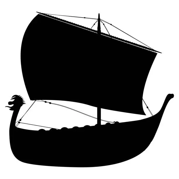 Vector illustration of Viking scandinavian drakkar silhouette. Norman ship sailing.