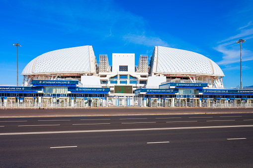 Sochi, Russia - October 04, 2020: Fisht Football Olympic Stadium in Sochi Olympic Park is located in Adler city. Park was constructed for the 2014 Winter Olympics.