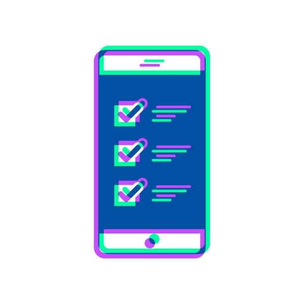 ilustraciones, imágenes clip art, dibujos animados e iconos de stock de smartphone con checklist. icono con superposición de dos colores sobre fondo blanco - check mark digital composite blue computer icon
