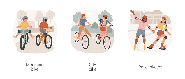 Urban riding isolated cartoon vector illustration set. Teenage boys riding mountain bicycles in park, girls on cycling city bikes, teen roller skating, spending leisure time outdoor vector cartoon.