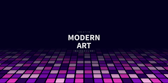 Modern and trendy background. Geometric design with a mosaic of squares, looking like a dance floor. Beautiful color gradient. This illustration can be used for your design, with space for your text (colors used: White, Pink, Purple, Black). Vector Illustration (EPS file, well layered and grouped), wide format (2:1). Easy to edit, manipulate, resize or colorize. Vector and Jpeg file of different sizes.