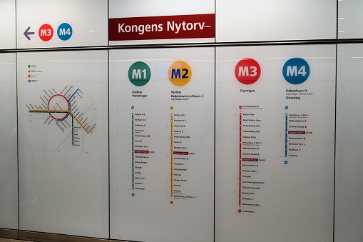 Copenhagen, Denmark, may 10 : Copenhagen Kongens Nytorv metro station information board in Denmark