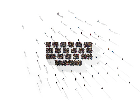 Large Crowd of People Forming Computer Keyboard on White Background