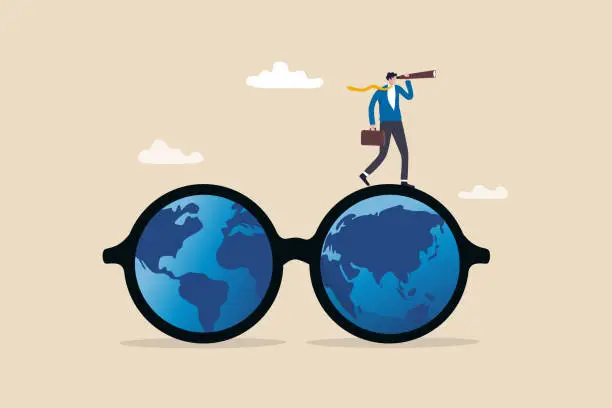 Vector illustration of Global or world business vision, international business opportunity, searching for job, career or working abroad concept, businessman look through telescope on eyeglasses with world map.